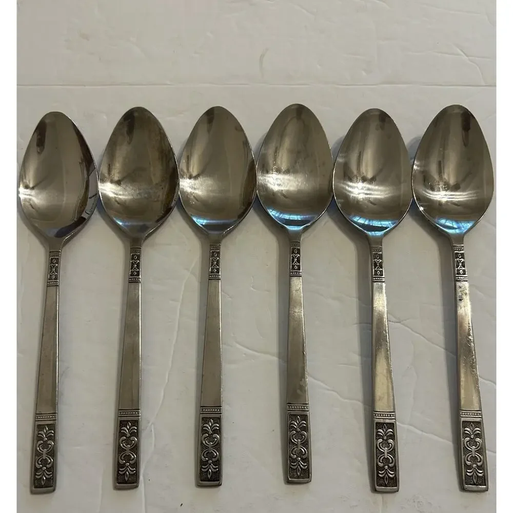 Vintage Customcraft Fluer De Lis Set‎ Of 6 Soup/Dinner Spoon Stainless Flatware